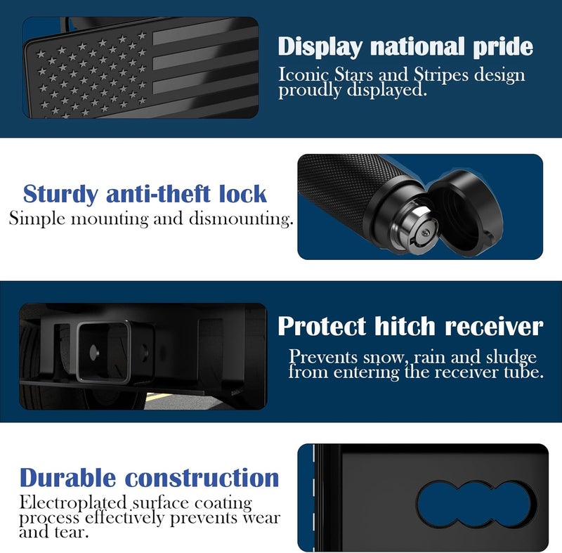 OGYE Heavy American Flag Metal Trailer Hitch Cover Fit for 2" Hitch Receivers (with 5/8" Pin Dia Anti-Theft Trailer Hitch Lock),3 * 5" Black - Image 3
